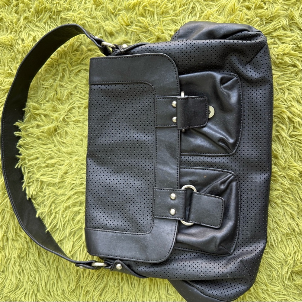 a.n.a Black Perforated Shoulder Bag Hobo Purse Flap Magnetic Closure Silver